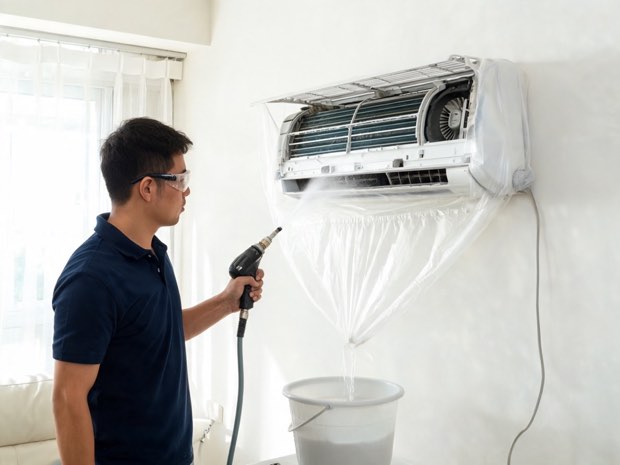 Nettoyage haute pression d'une unité intérieure de climatisation, sous bâche de protection