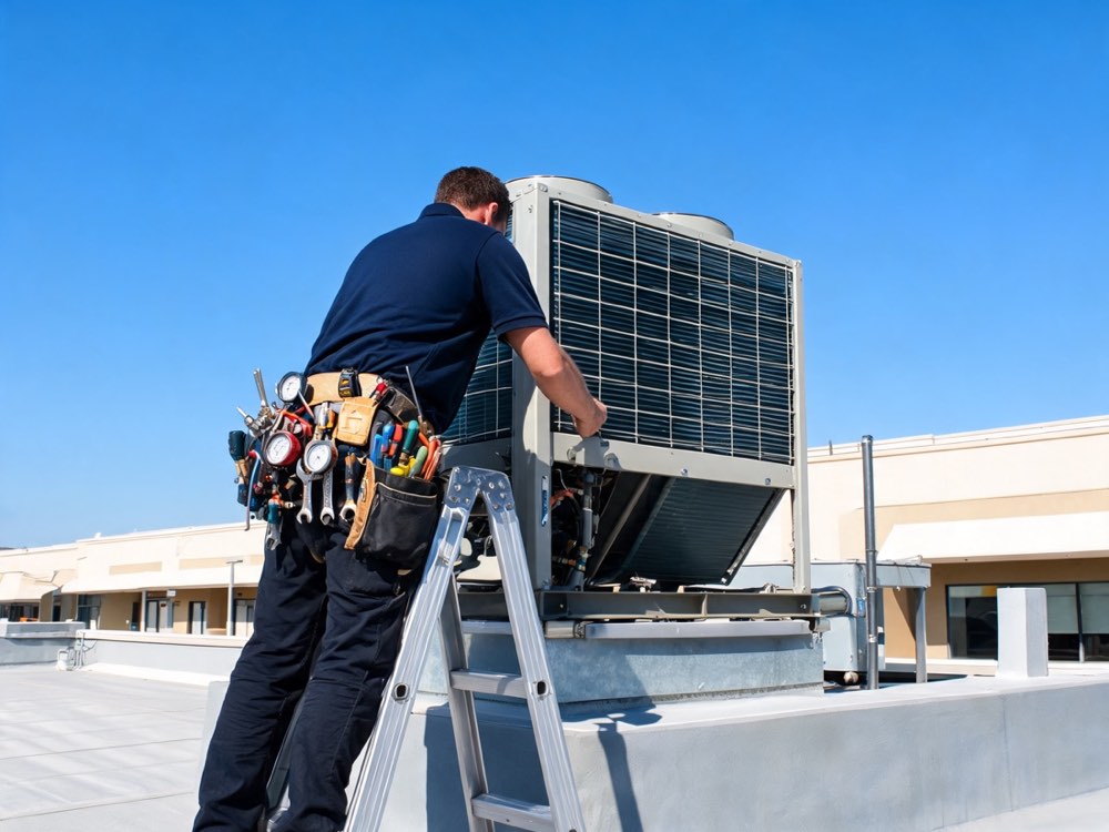 Intervention sur une unité de climatisation en toiture d'un bâtiment professionnel